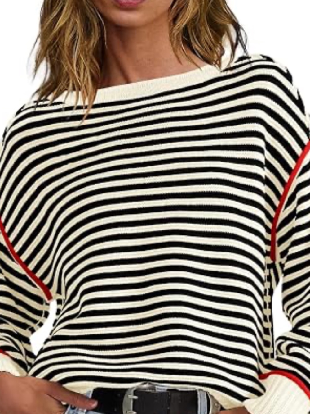 We The Free Striped Black and Cream Boatneck Sweater